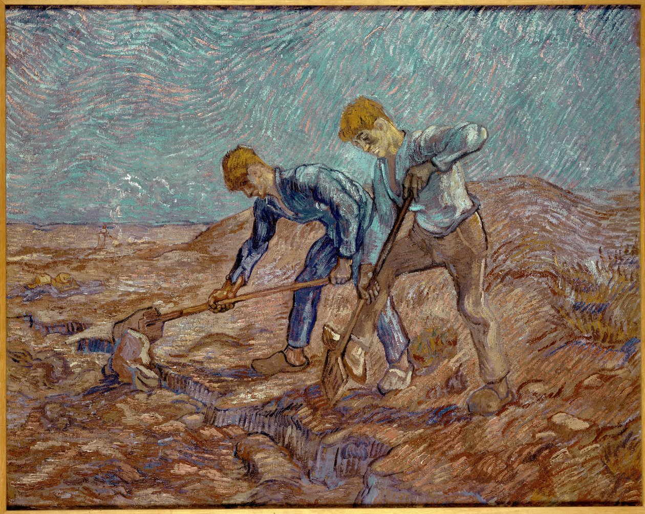 To bønder graver efter hirse, 1889. af Vincent van Gogh