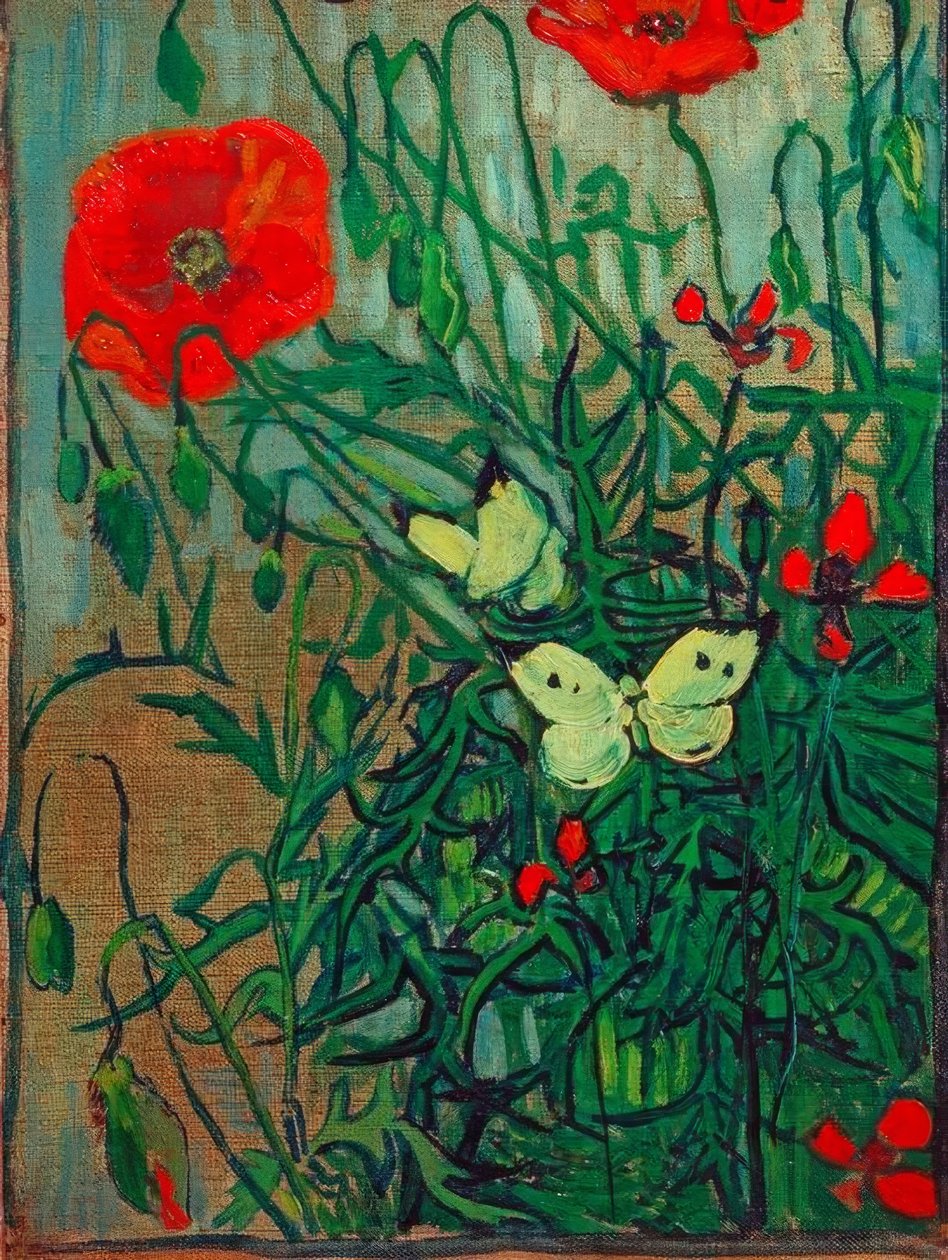 Sommerfugle på valmue blomster af Vincent van Gogh