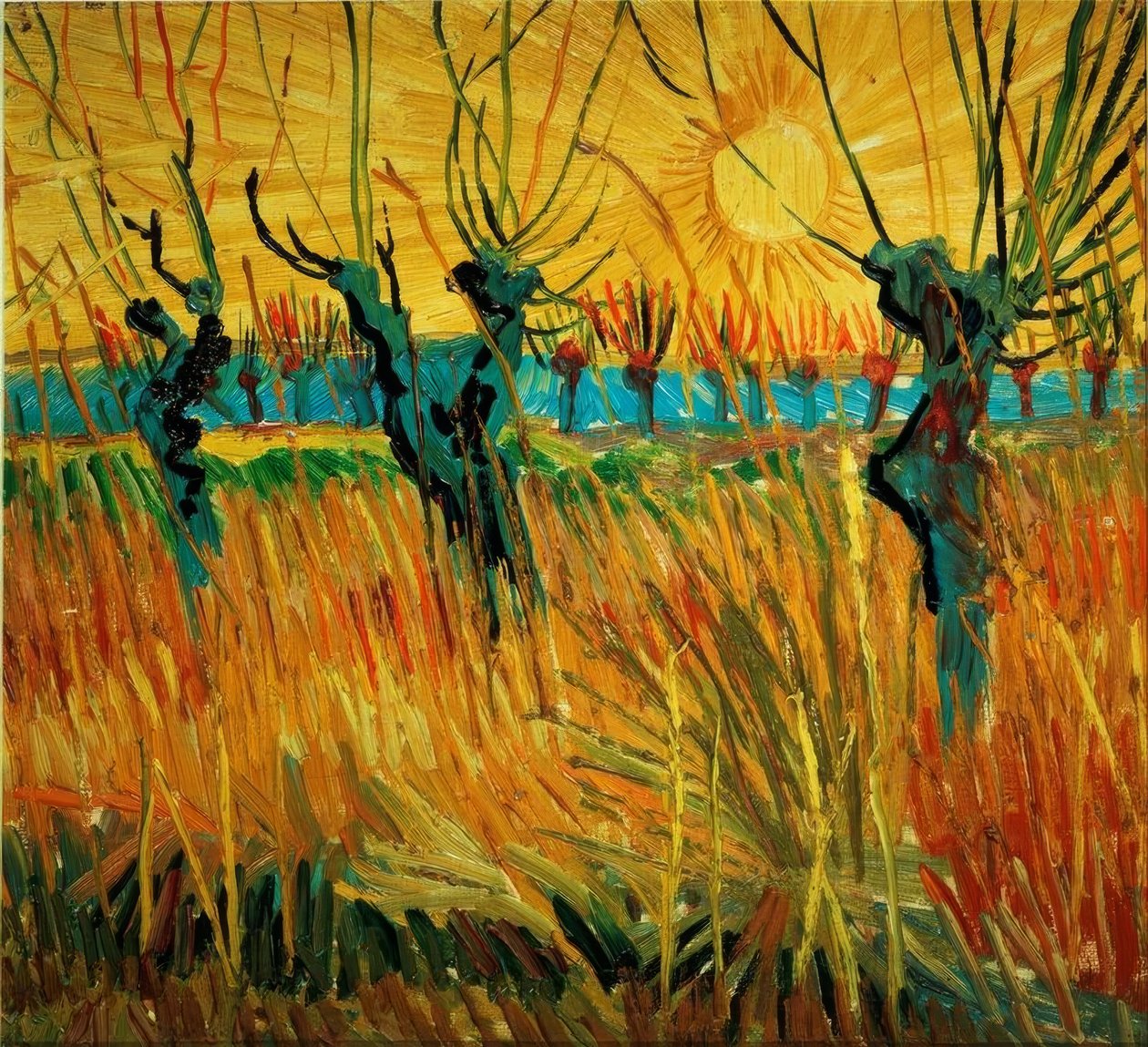 Piletræer ved solnedgang af Vincent van Gogh