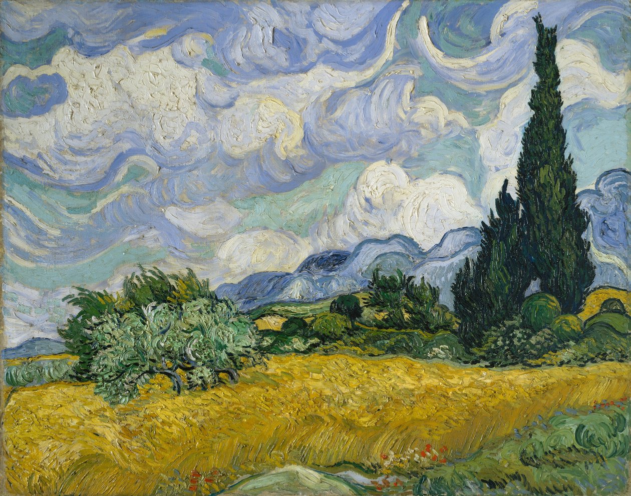 Hvedemark med cypresser, 1889. af Vincent van Gogh