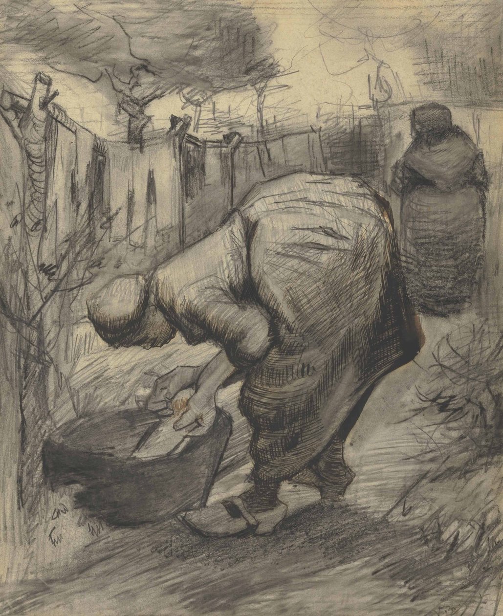 Bondekvinde med en dam i en have (1885) af Vincent van Gogh
