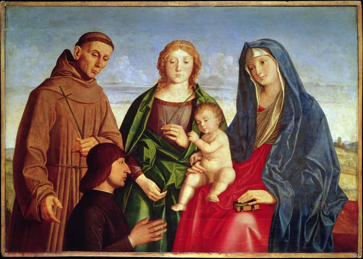 Jomfruen og barnet med St. Frans, en kvindelig hellig og donor af Vincenzo di Biagio Catena