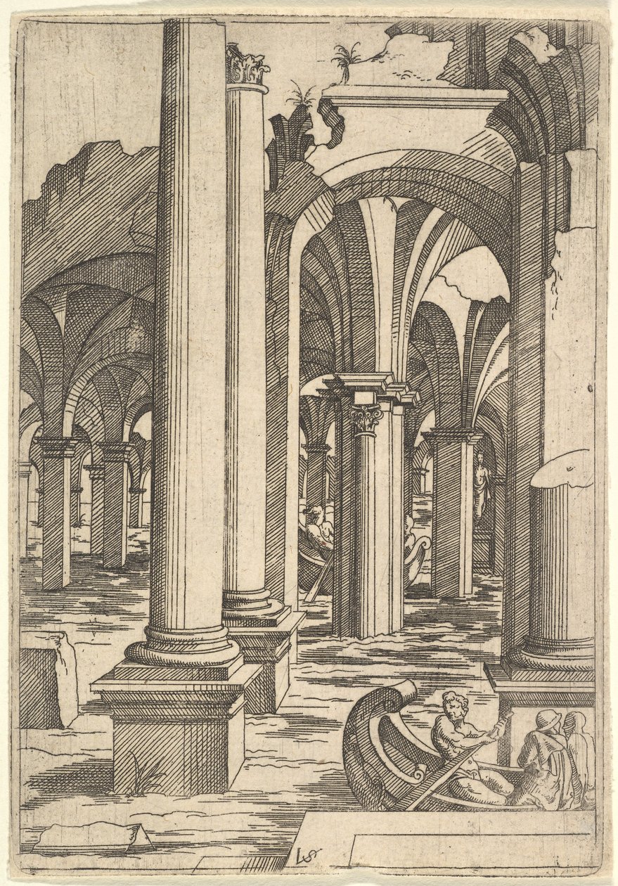 Både roede gennem oversvømmede ruiner, ca. 1550-62. af Virgil Solis