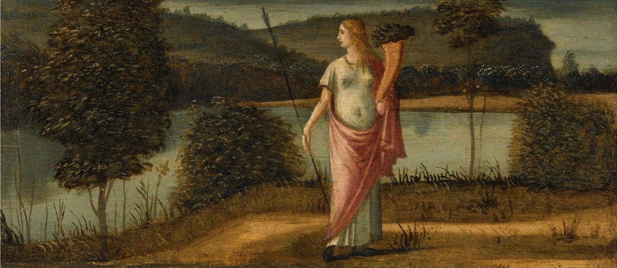 Allegorisk figur af en kvinde i et landskab, der holder spyd af Vittore Carpaccio