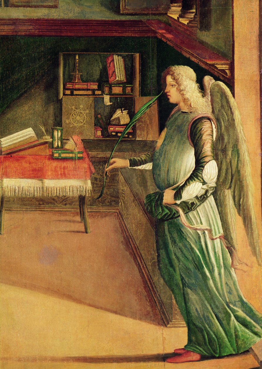 Detalje af englen fra Drømmen om St. Ursula, ca. 1490-96 (detalje af 257437) af Vittore Carpaccio