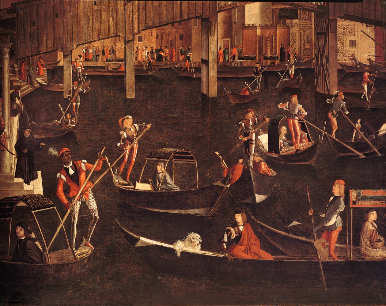 Gondolier på Canal Grande, detalje fra Miracle of the Relic of the True Cross på Rialtobroen, 1494 olie på lærred detalje fra 119437 af Vittore Carpaccio