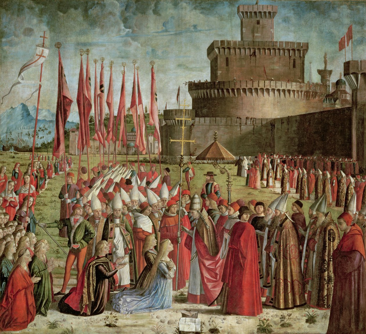 Pilgrimmene møder pave Cyriac foran Roms mure, fra St. Ursula-cyklussen, 1498 af Vittore Carpaccio