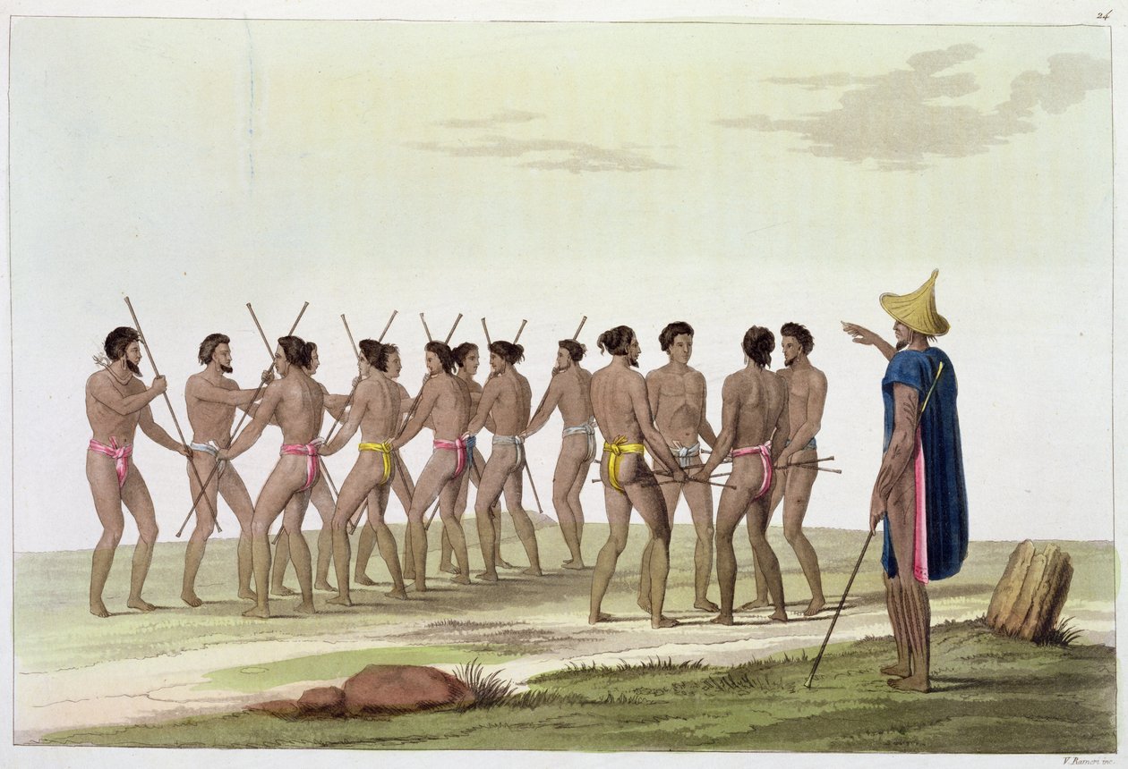 Caroline-øboernes krigsdans, planche 22 fra "Le Costume Ancien et Moderne" af Jules Ferrario, udgivet omkring 1820-30