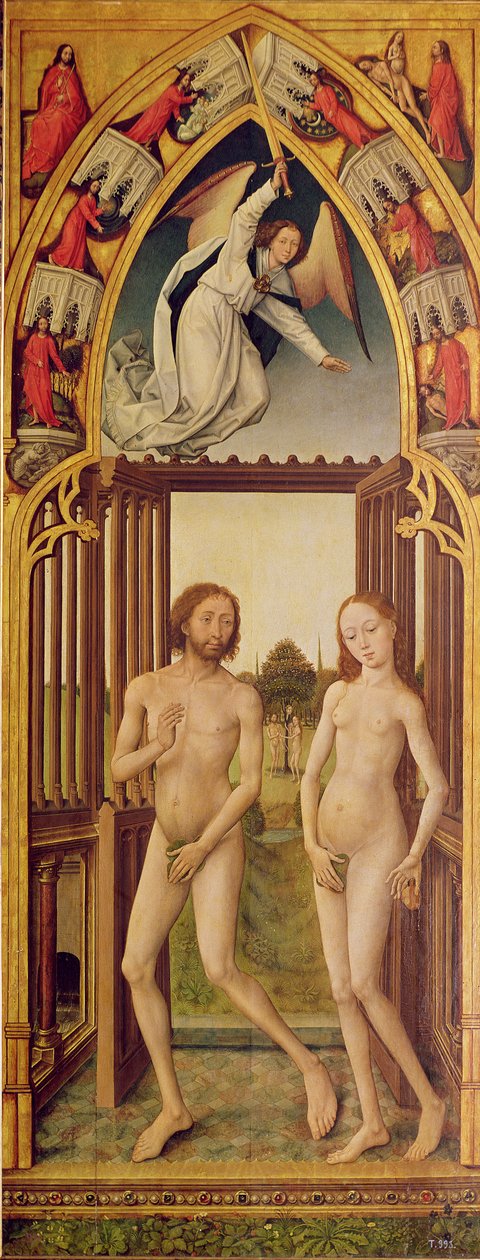 Forløsning Triptykon; højre side (til seeren) panel, der viser udvisningen af Adam og Eva fra Paradiset, ca. 1460   , ca. 1460 (se 488870 og 488609) af Vrancke van der Stockt