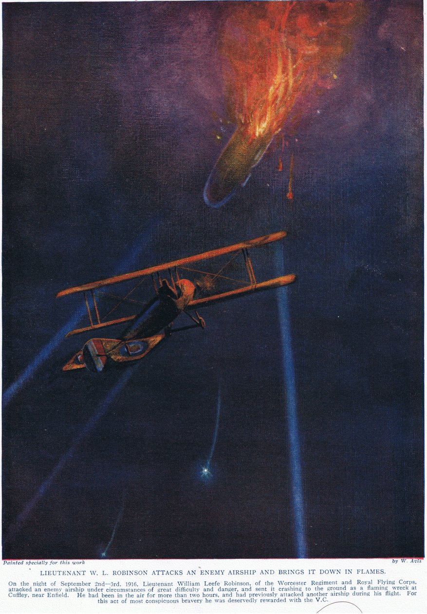 Løjtnant W.L. Robinson angriber et fjendtligt luftskib og bringer det ned, illustration fra "Deeds that Thrill the Empire", udgivet af Hutchinson und Co., ca. 1920. af W. Avis