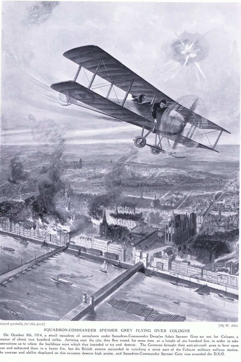 Eskadronchef Spenser Gray tildelt DSO for at flyve over Köln og bombe en militærbanegård i oktober 1914 af W. Avis