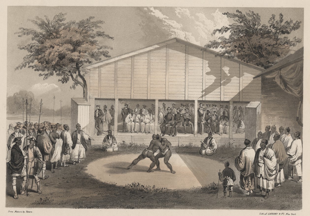 Wrestlers at Yokuhama, medlemmer af Sarony und Co., 1855 (chromolitho) af W. T. Peters