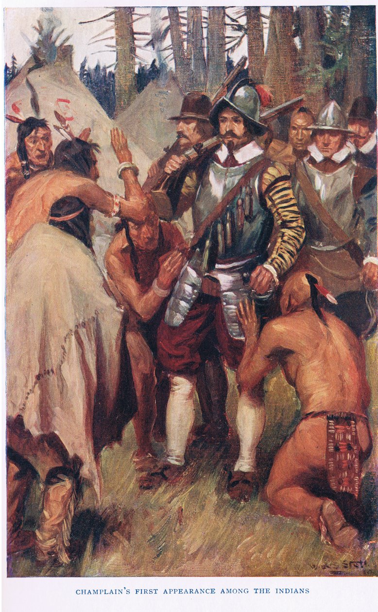 Champlains første optræden blandt indianerne, illustration fra 