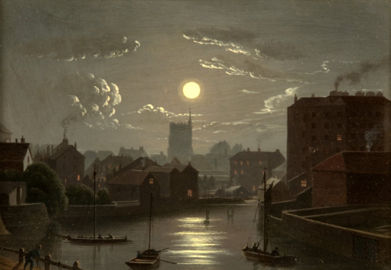Bristol - Moonlight Scene (olie på kobber) af W. Crambrook