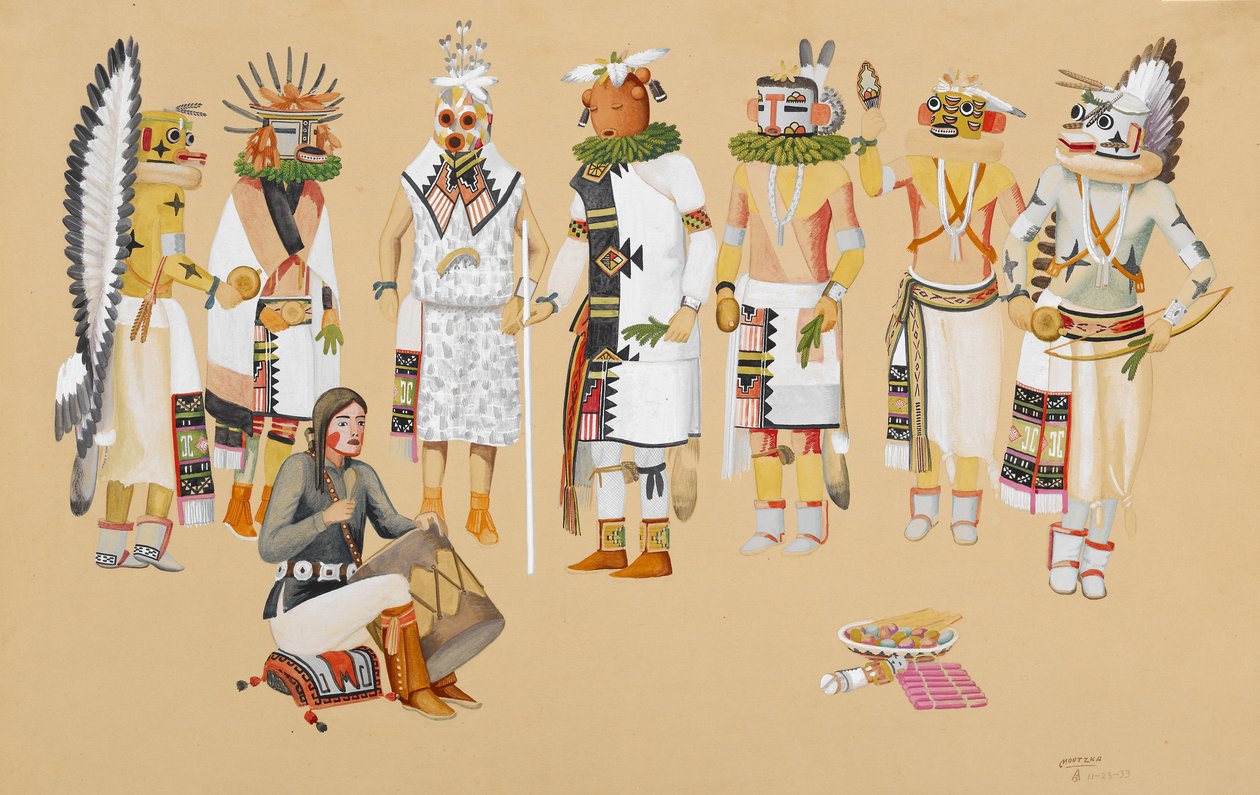 Group of Kachinas, 1933 (tempera over blyant på buff-vævet papir) af Waldo Mootzka
