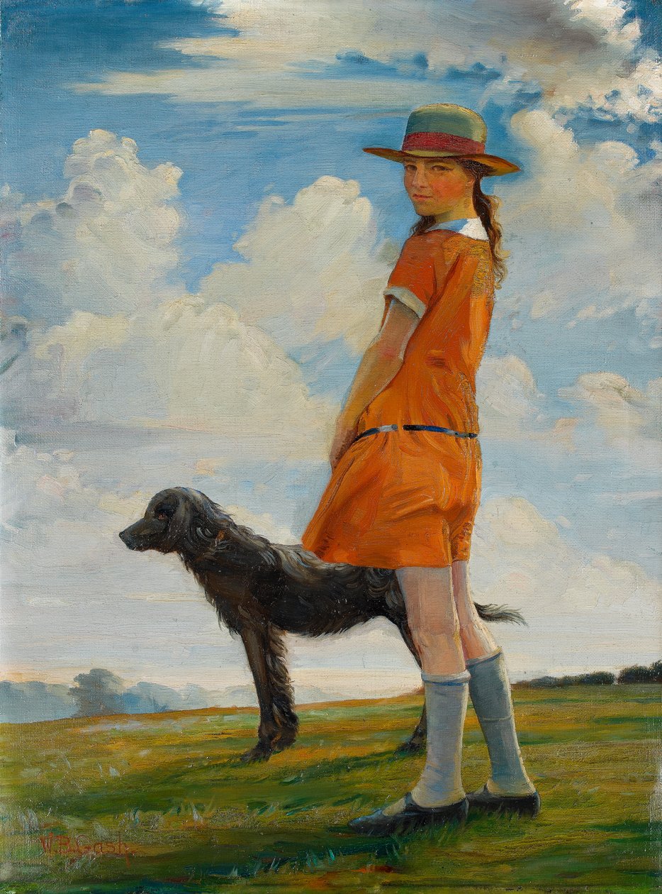 Kunstnerens datter går med præstens hund, ca. 1924 af Walter Bonner Gash