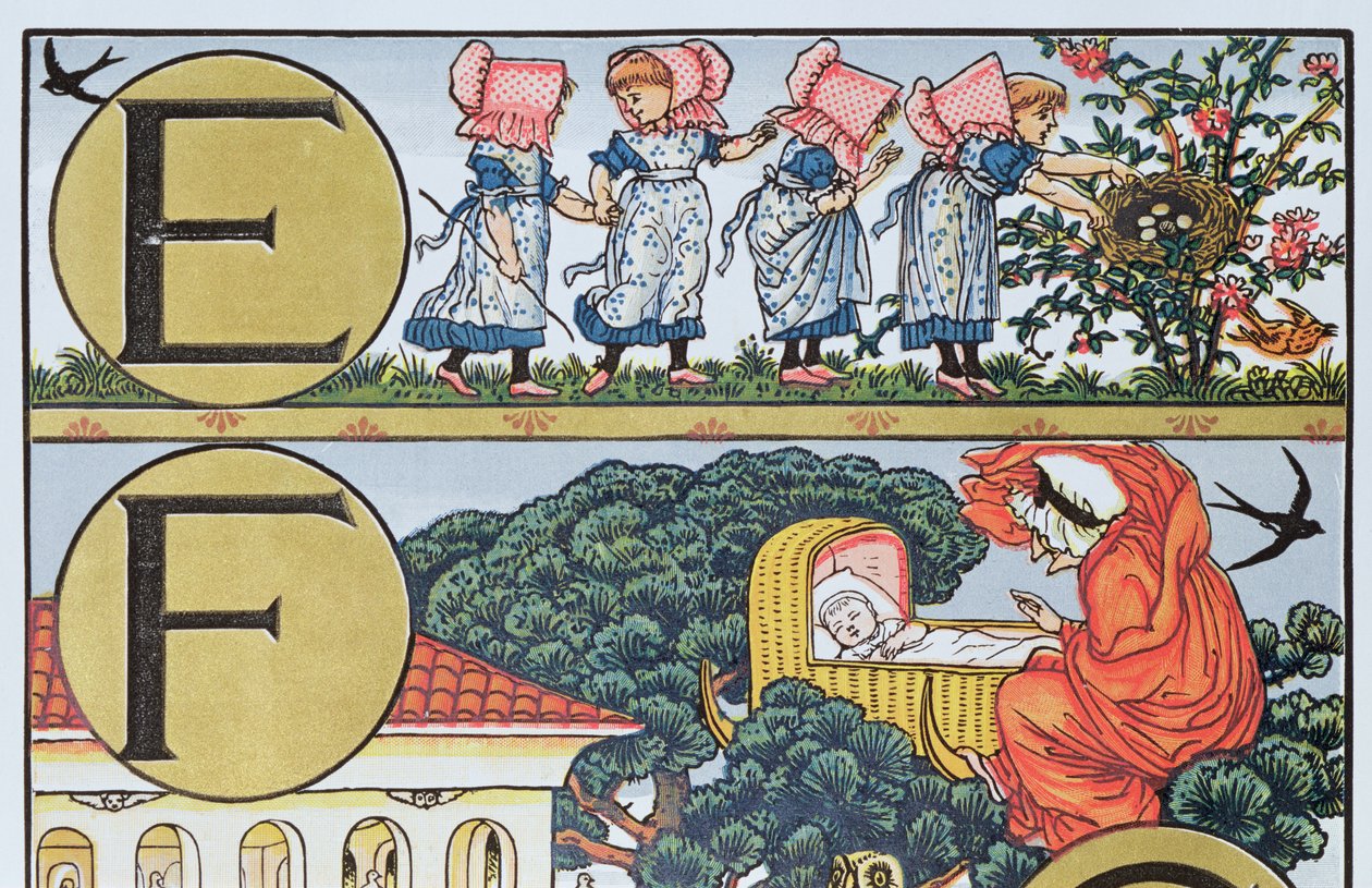 E-F, fra et alfabet baseret på børnerim (farvegravering) af Walter Crane