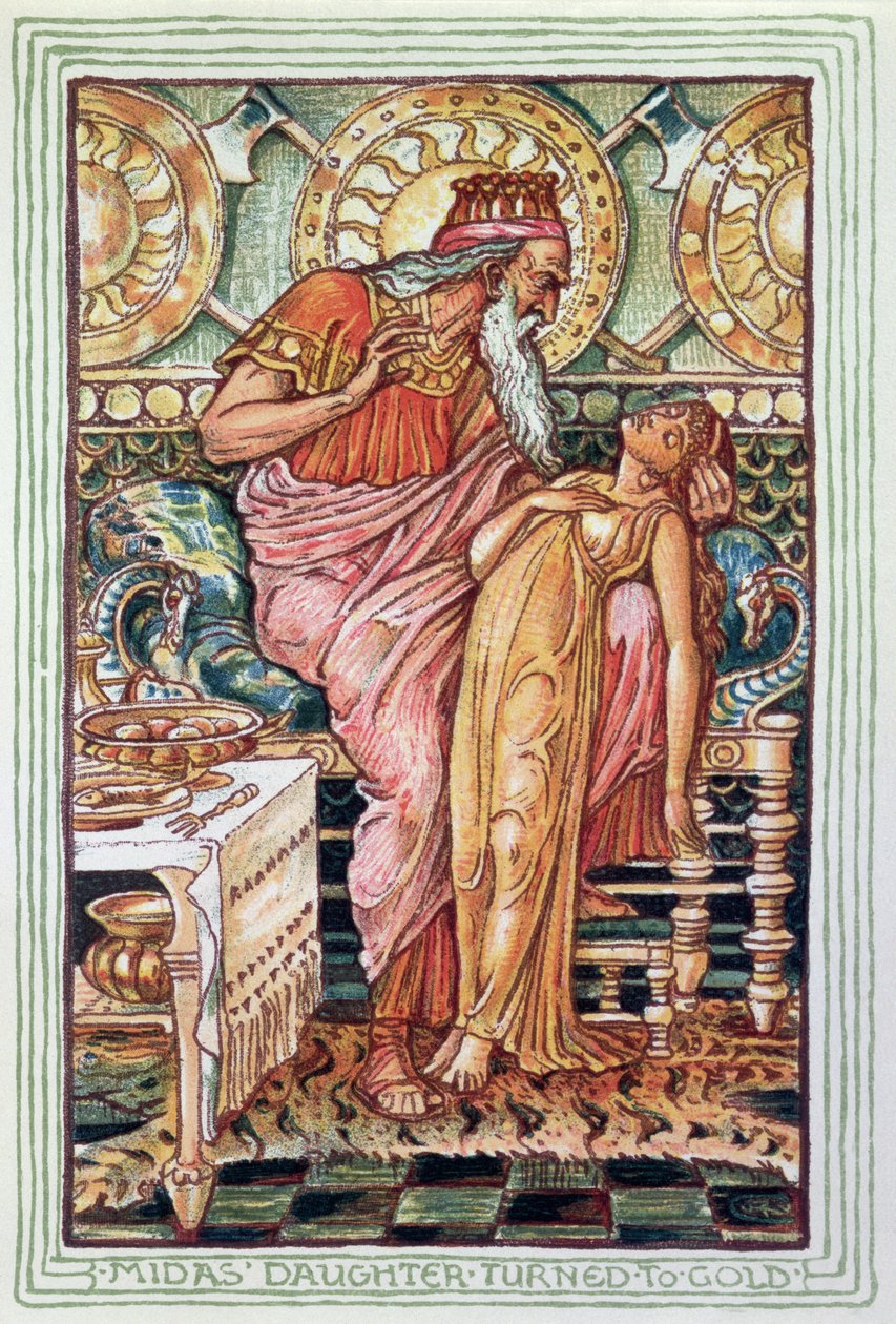 Kong Midas og hans datter forvandlet til guld, illustration fra The Greek Mythological Legend , udgivet i London i 1910 af Walter Crane
