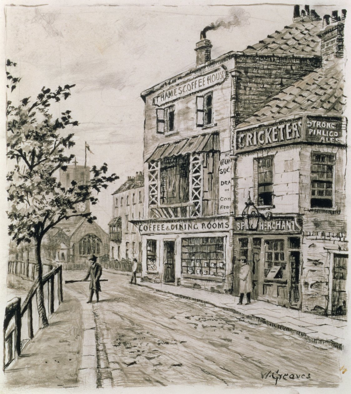 The Cricketers and the Thames Coffee House, Chelsea (blæk på papir) af Walter Greaves
