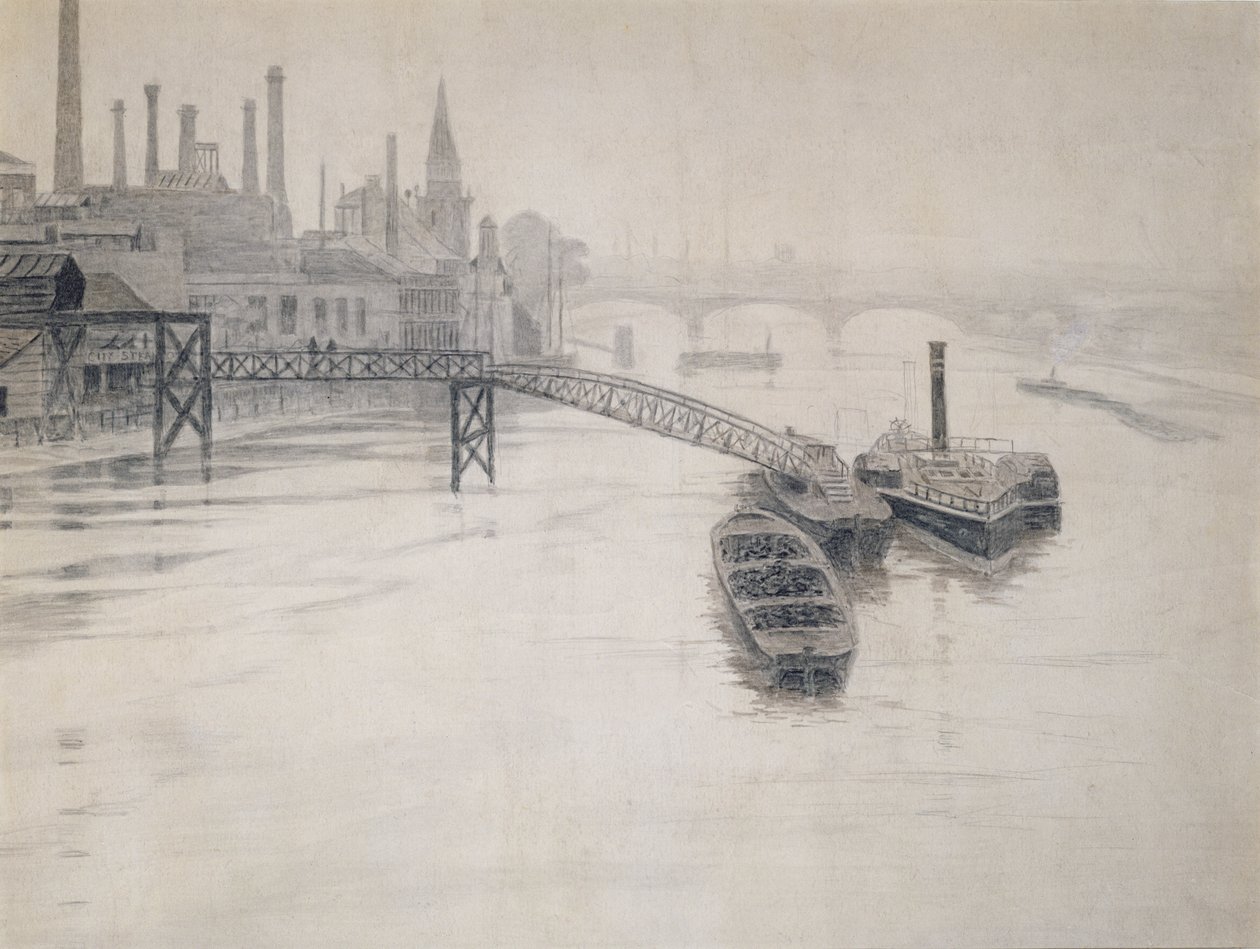 Udsigt over Themsen, City Stream Company Jetty, Battersea Power Station af Walter Greaves
