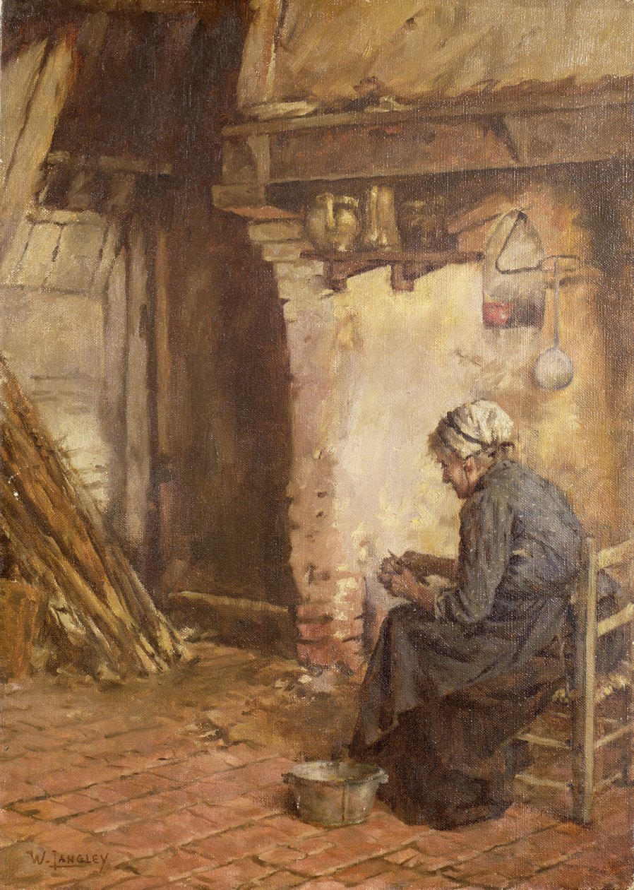 Gammel kvinde skræller kartofler af Walter Langley