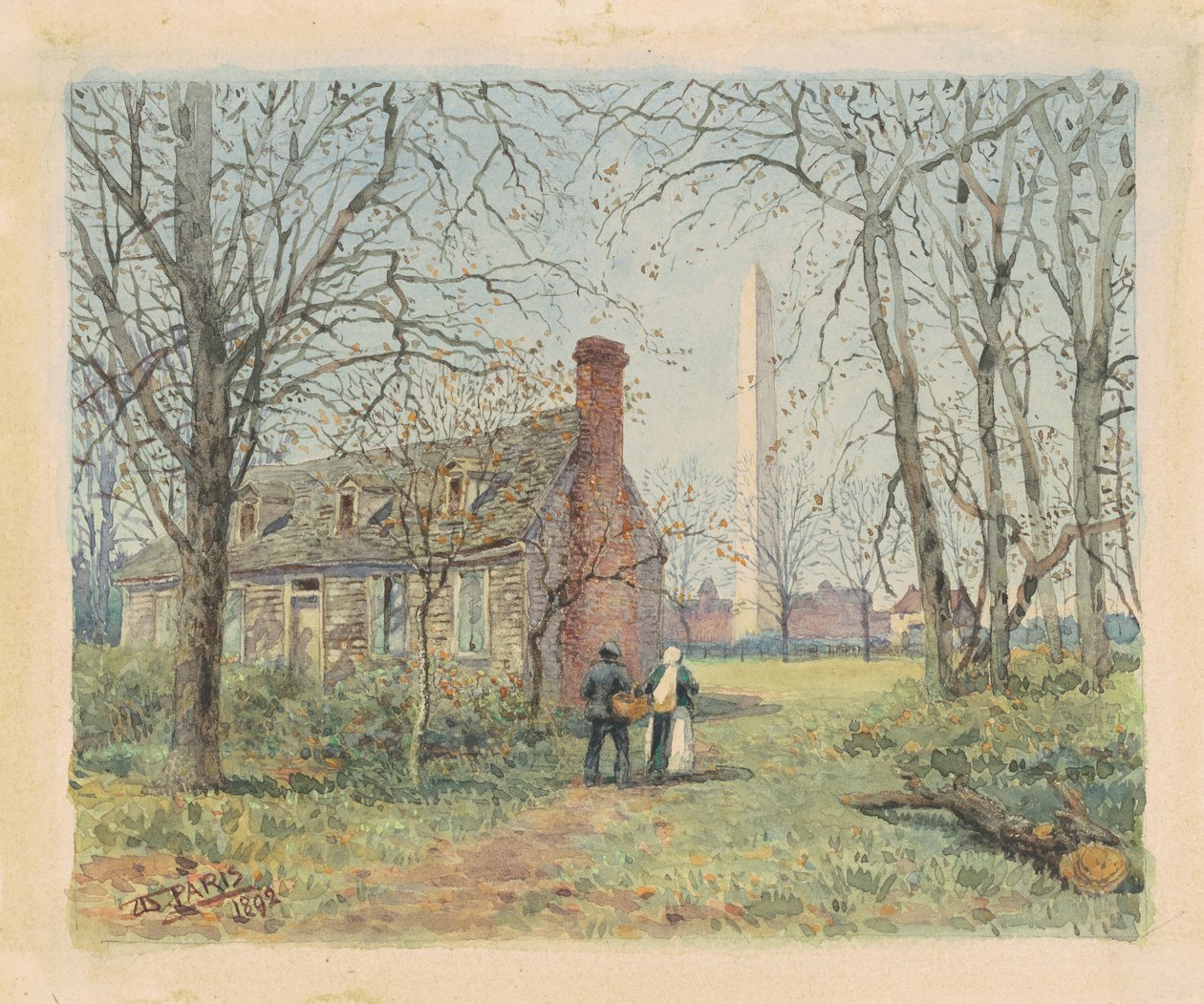 David Burnss Cottage and the Washington Monument, Washington D.C., 1892 (akvarel og grafit på vævet papir) af Walter Paris