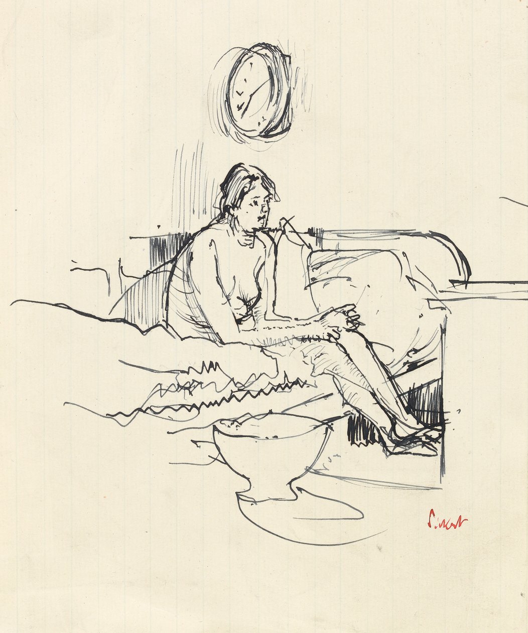 Pige siddende på en seng (pen og blåt blæk på papir) af Walter Richard Sickert