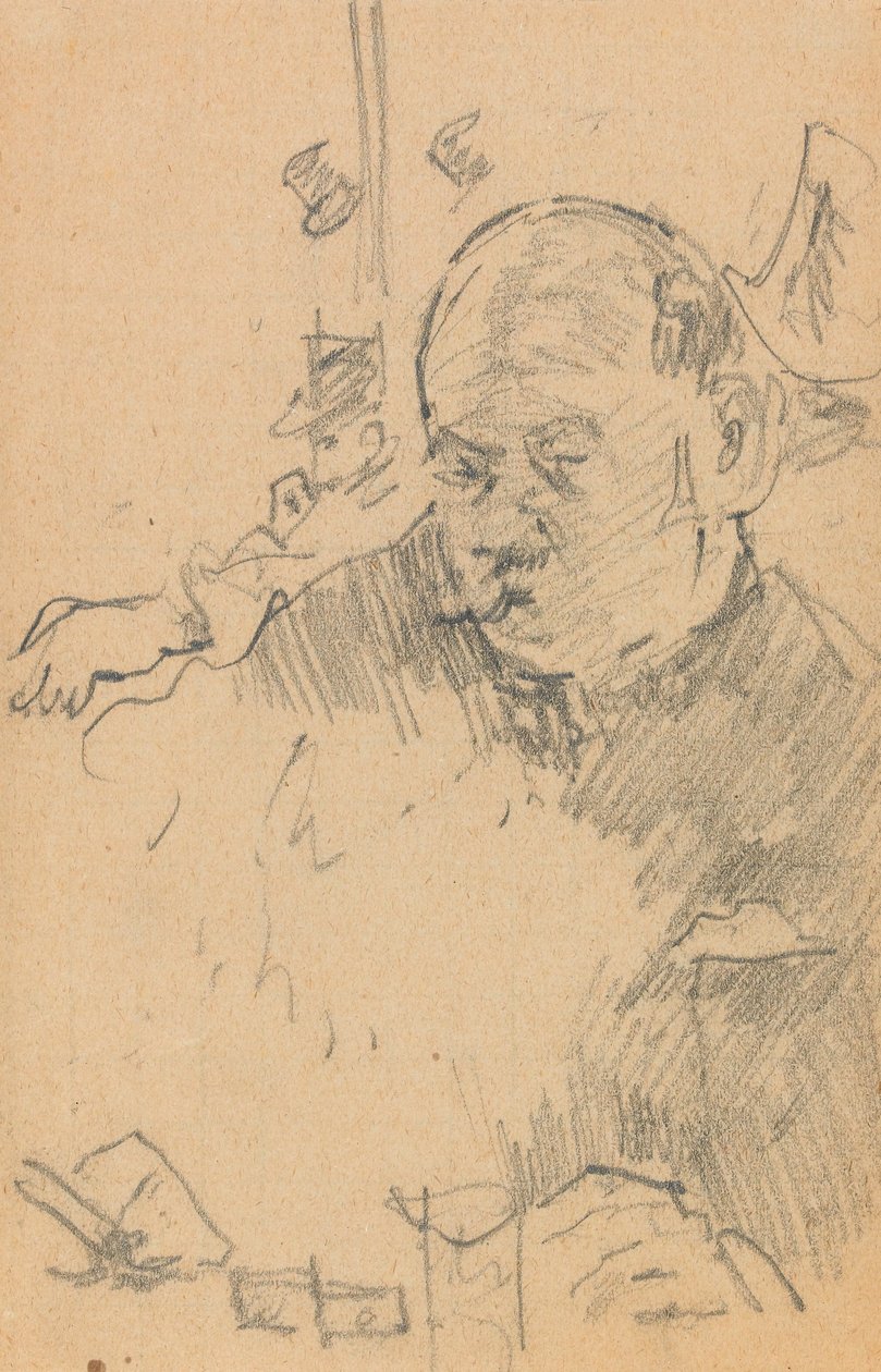 Mand med overskæg, der sidder og drikker i en bar med to andre mænd i hatte (grafit på papir) af Walter Richard Sickert