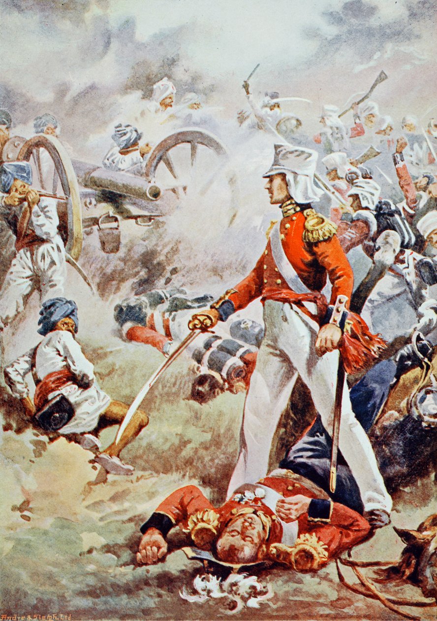Pennycuick blev dræbt: hans tapper søn, en simpel dreng, sprang frem og bar sin fars lig, illustration fra "Battles of the Nineteenth Century" af Archibald Forbes, G.A. Henty og Major Arthu af Walter Stanley Paget