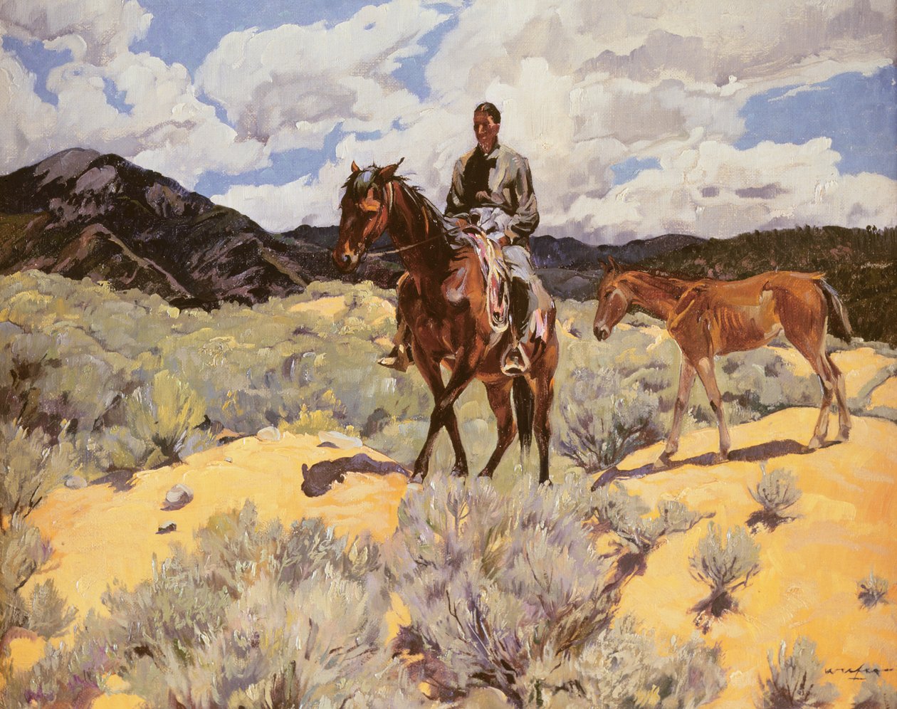 Indianer til hest med Colt, ca. 1930 af Walter Ufer