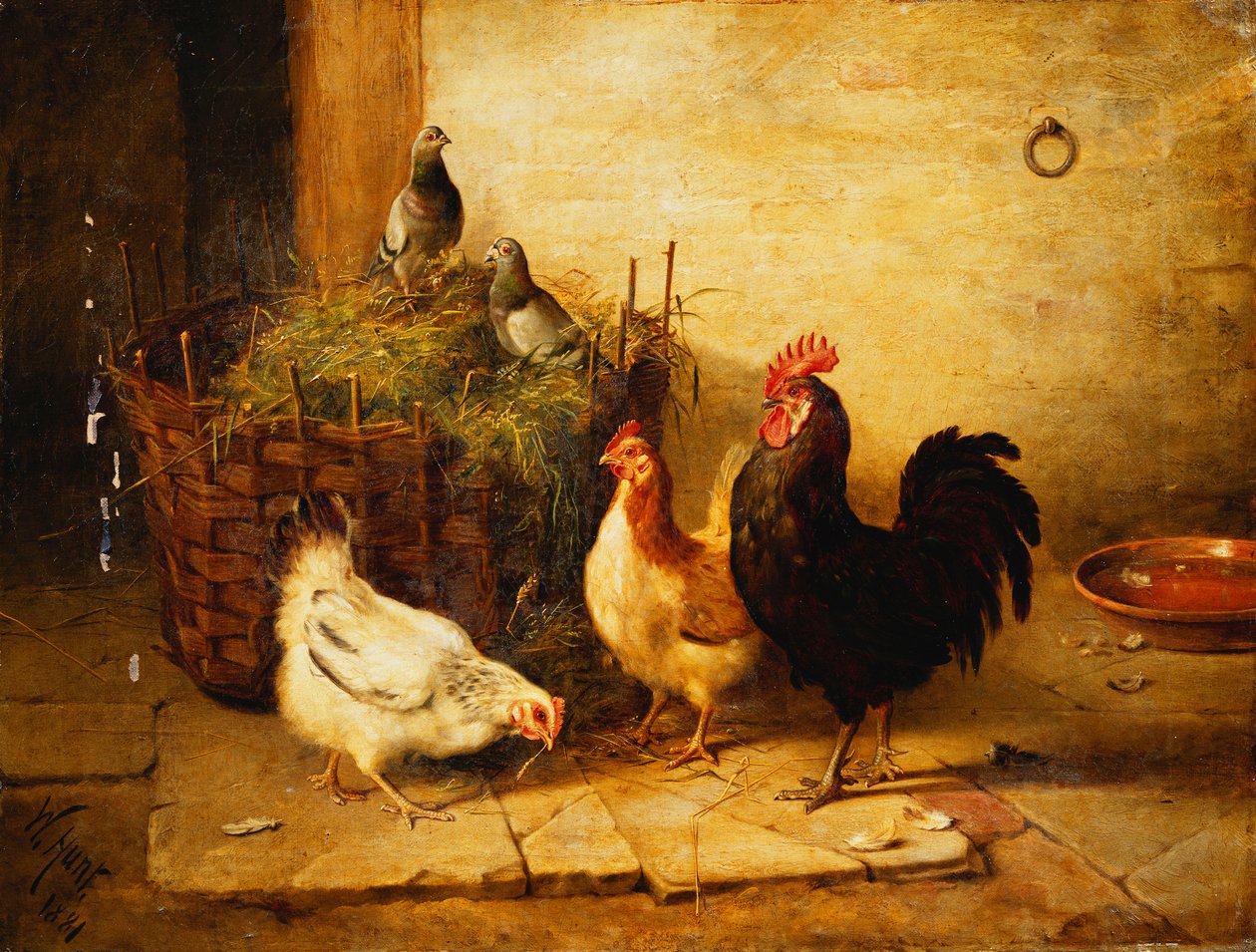 Fjerkræ og duer i et interiør af Walter Hunt
