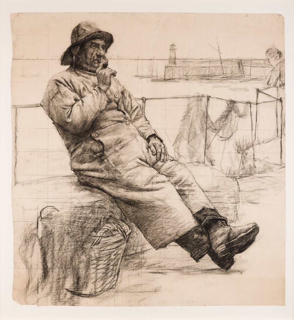 Fisker, der ryger en pibe (kul på papir) af Walter Langley