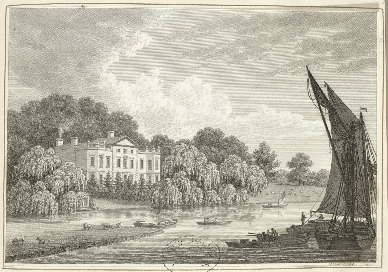 Landhus med sø og både (print) af Walter Williams