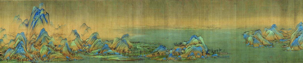 A Thousand Li of Rivers and Mountains, detalje, ca. 1113 (blæk & farve på stof) af Wang Ximeng