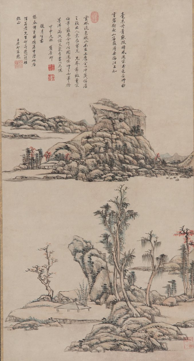 Efterårsbjerge i stil med Ni Zan, Qing-dynastiet, 1704 (blæk og farve på papir) af Wang Yuanqi