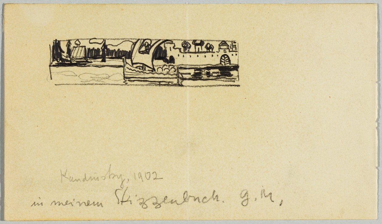 Flodlandskab med båd og befæstet by af Wassily Kandinsky