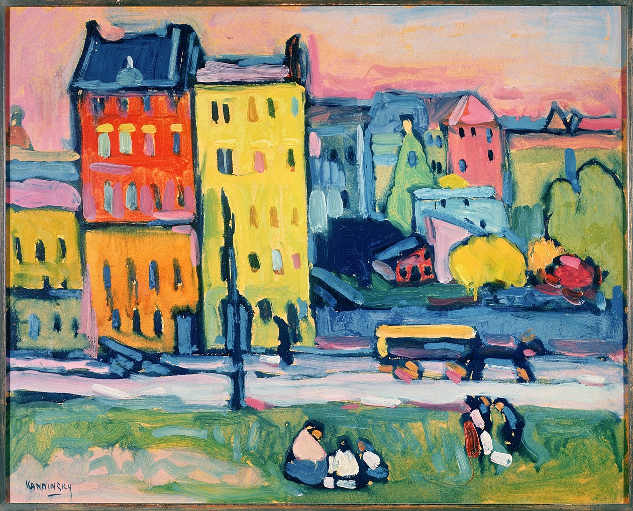 Huse i München, 1908 (olie på pap) af Wassily Kandinsky