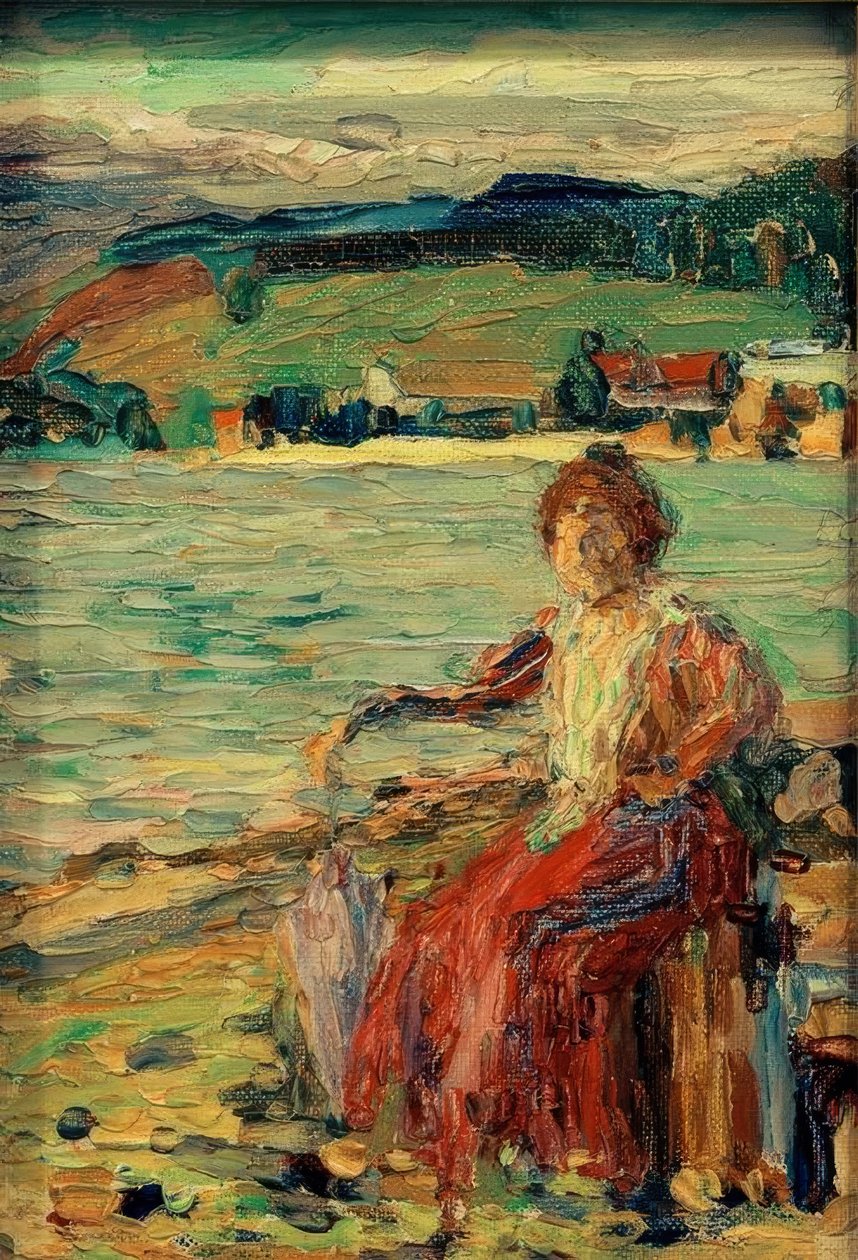 I en rød kjole på søbredden af Wassily Kandinsky