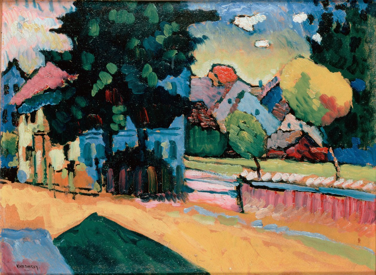 Landskab med et grønt hus, 1908. af Wassily Kandinsky