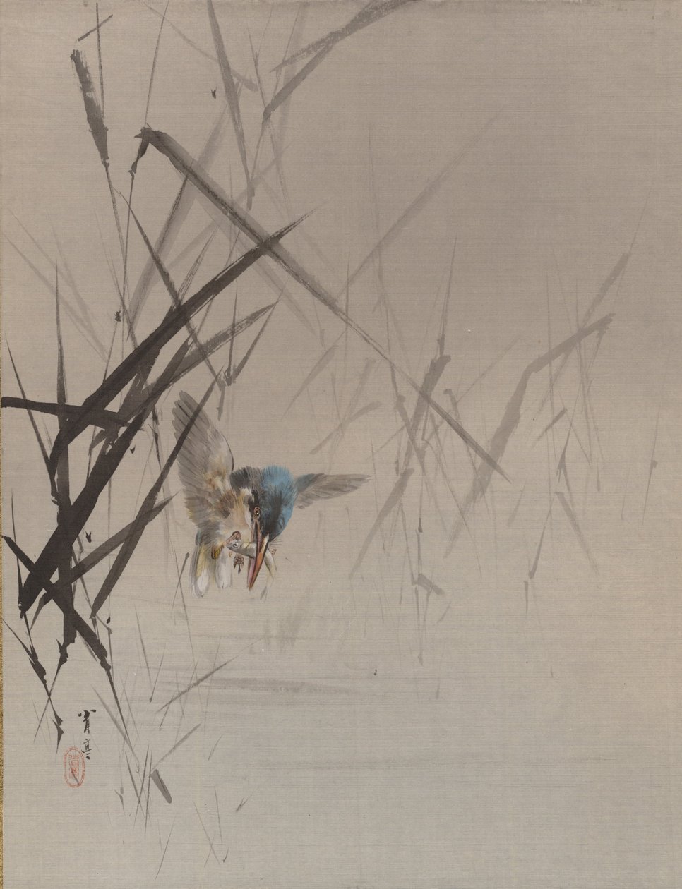 Fuglefangende fisk blandt rør, ca. 1887. af Watanabe Seitei