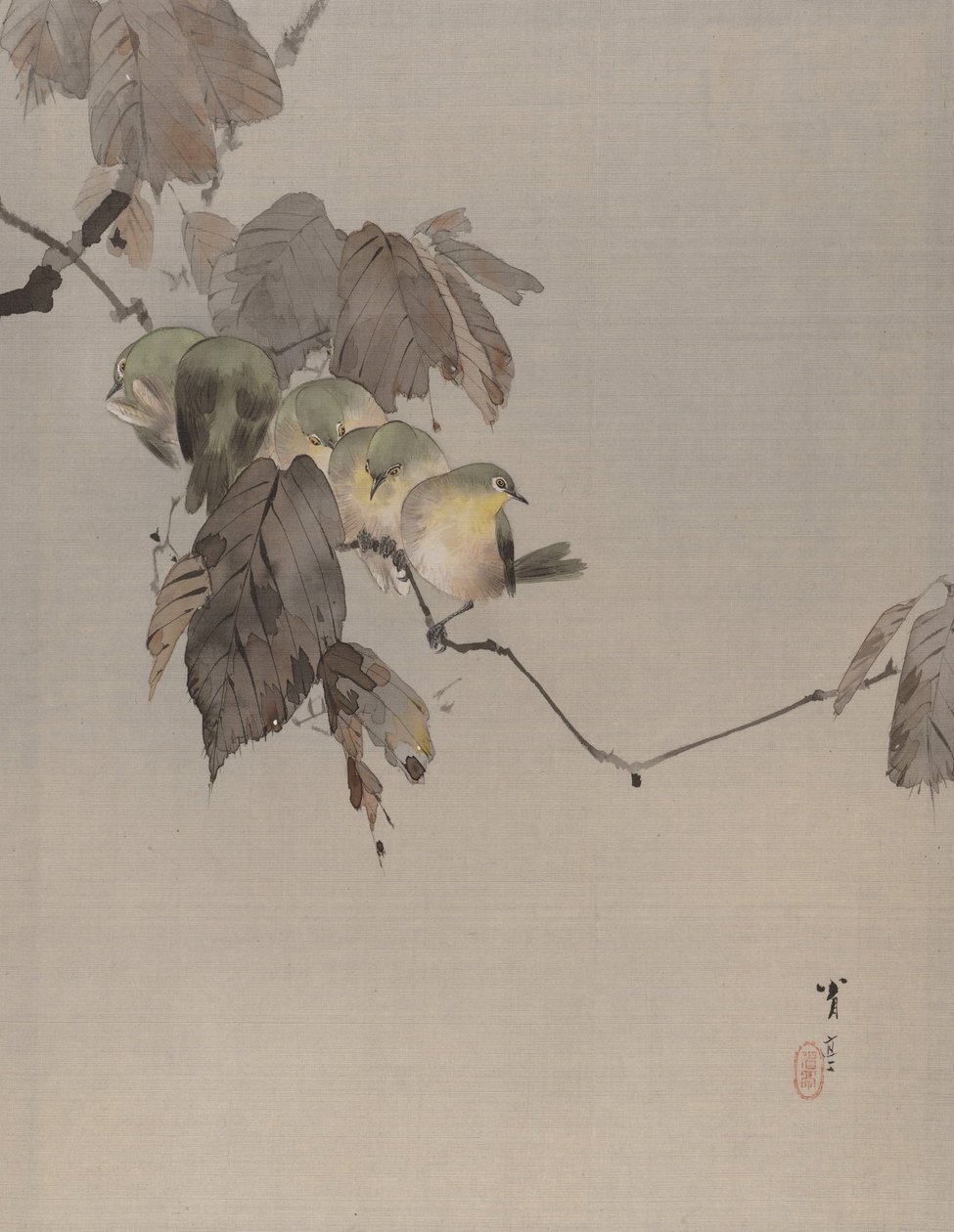 Fugle på en gren, ca. 1887. af Watanabe Seitei
