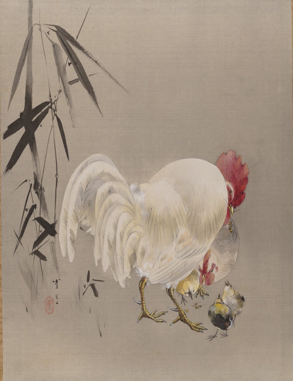 Hane og høne med kyllinger, ca. 1887. af Watanabe Seitei