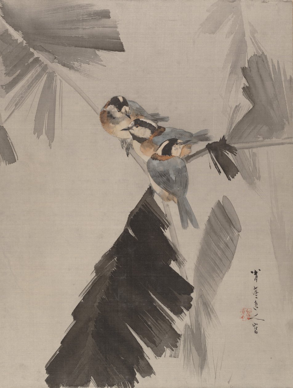 Tre fugle på gren, ca. 1887. af Watanabe Seitei