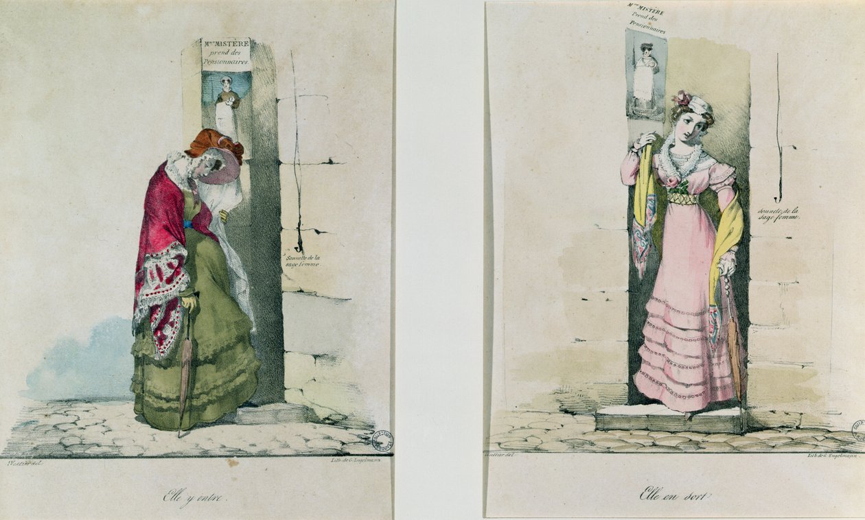 En kvinde, der går ind og ud af en abortklinik, graveret af Godefroy Engelmann (1788-1839) af Wattier