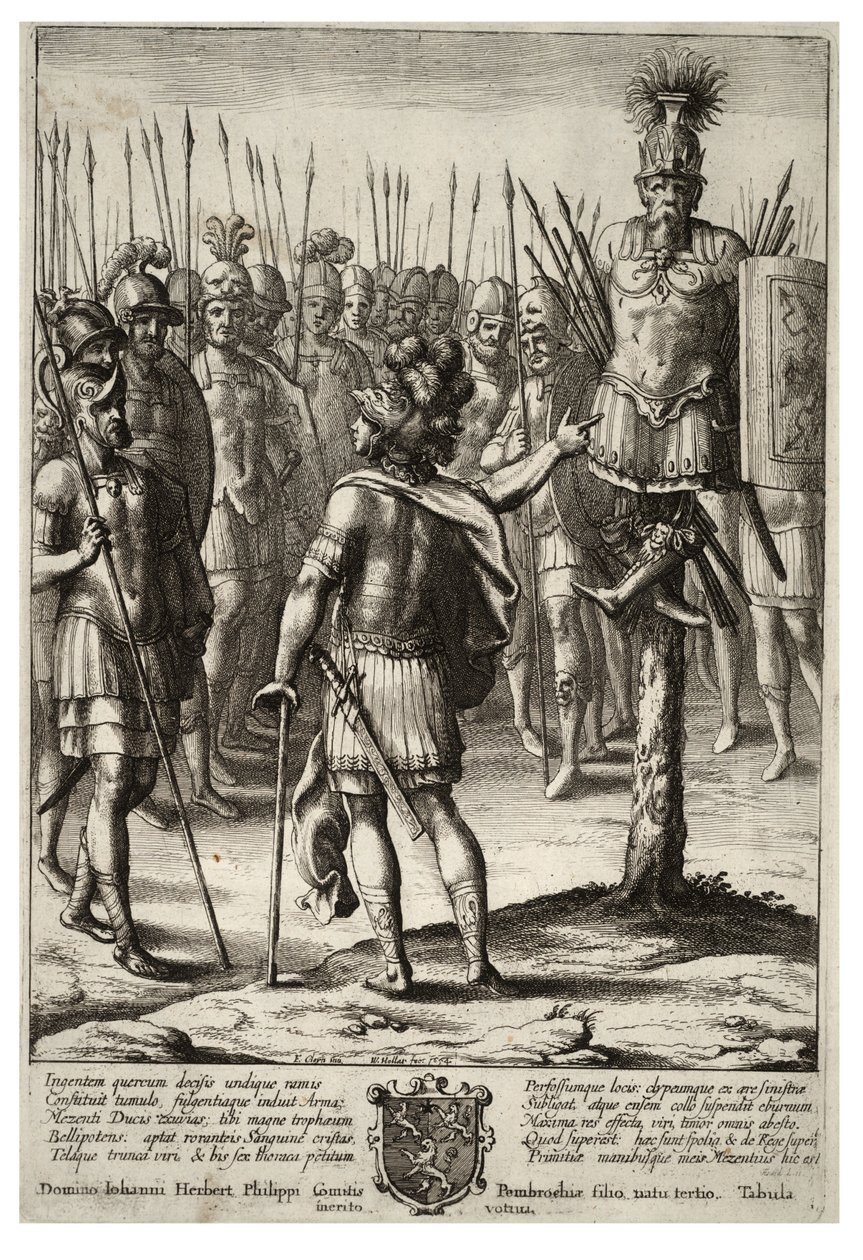 Aeneas rejser et trofæ med Mezentius våben. Stat 2 af Wenceslaus Hollar
