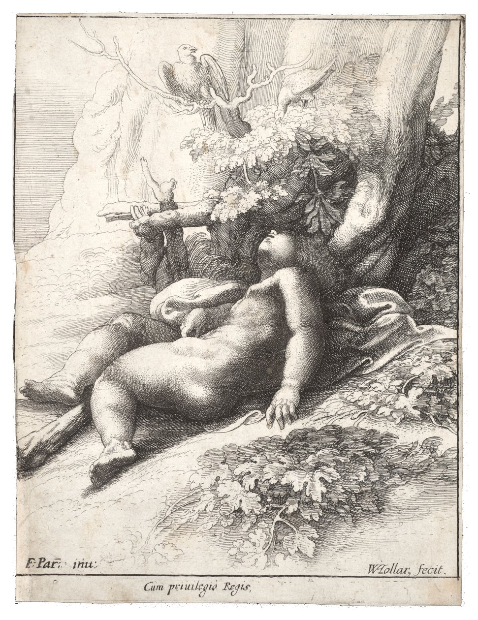 Spædbarn Hercules sov efter Parmigiano. Stat 4 af Wenceslaus Hollar