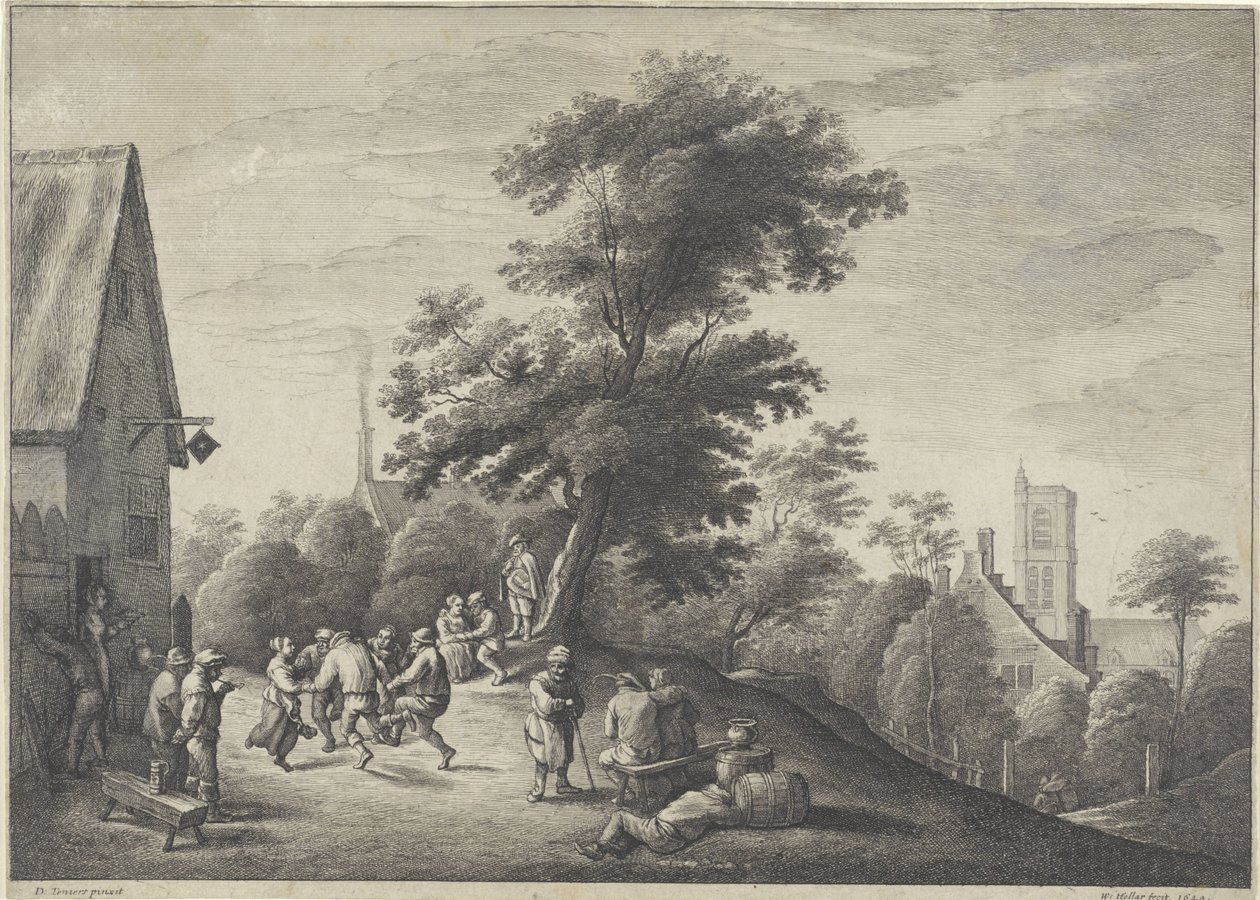Dansende bønder foran en kro af Wenceslaus Hollar