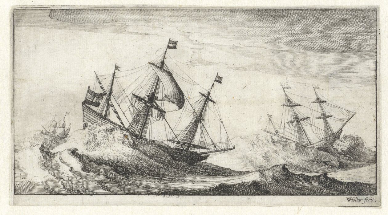 Sejlskibe i en havstorm Seascapes (serietitel) af Wenceslaus Hollar