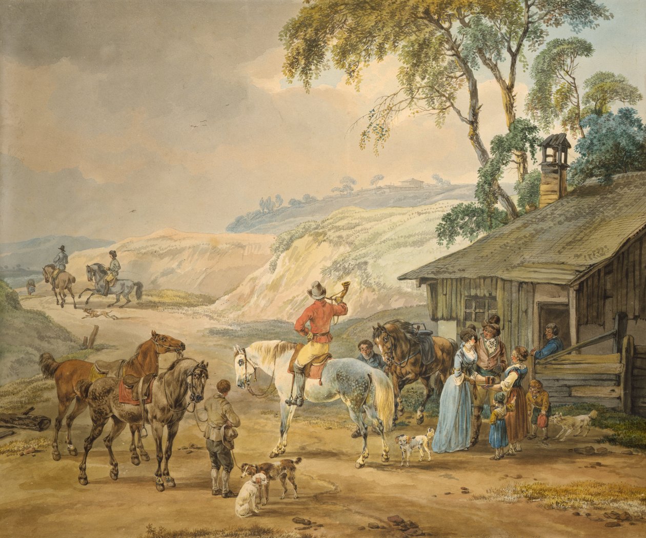 Jagtfest (wc på papir) af Wilhelm Alexander Kobell