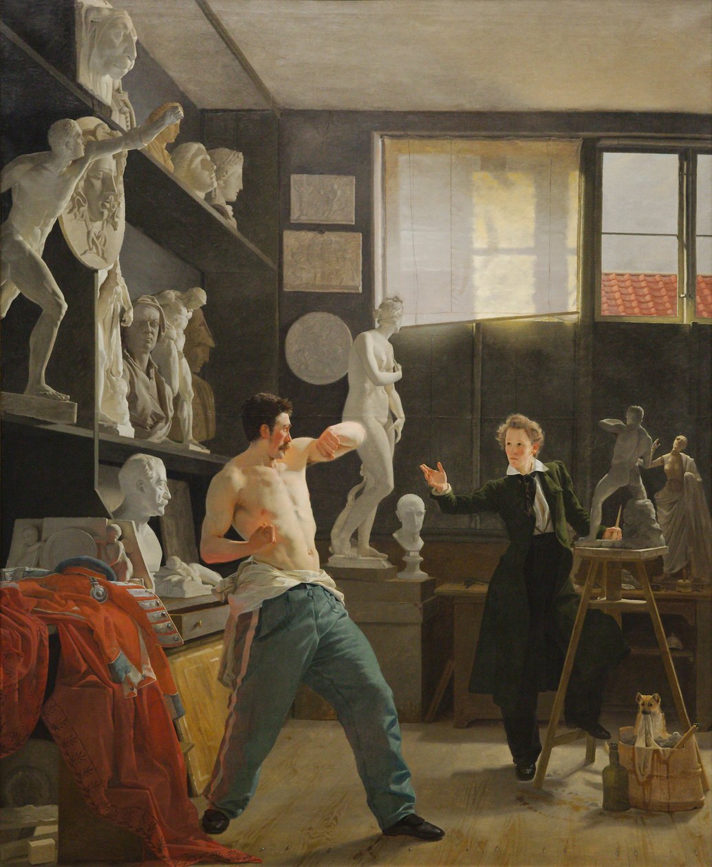 En billedhugger (Christen Christensen) arbejder efter levende model i sit atelier af Wilhelm Bendz
